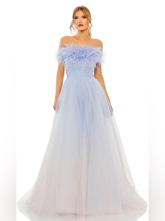 Mac Duggal Dresses & Skirts - MAC DUGGAL Feather Trim Tulle Gown in Light Blue OMBRÉ